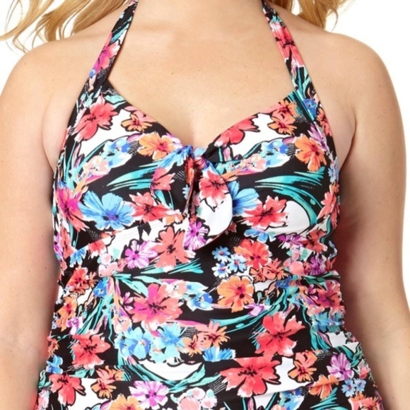 Catalina Other - Plus Size Black Floral Tankini Swim Top 2X